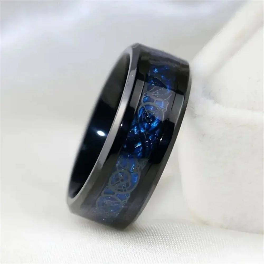 Tungsten Steel Carbide Center Zircon Carved Men's Ring in Beautiful Blue & Black